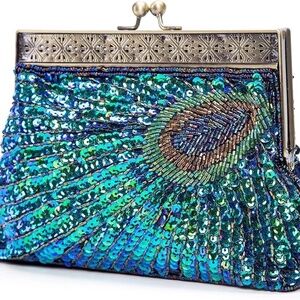 Beaded Sequin Peacock Evening Clutch Bag – Peacock Blue